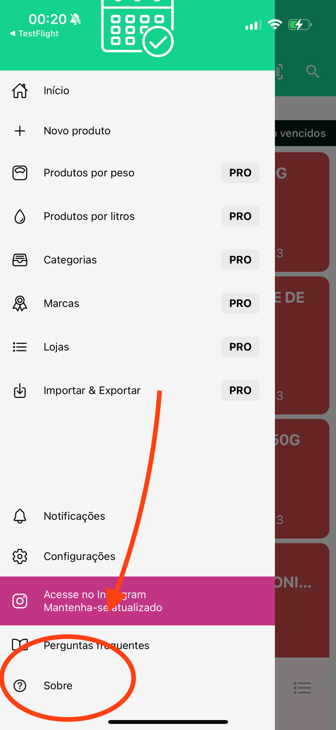 Opção Sobre no Menu Principal